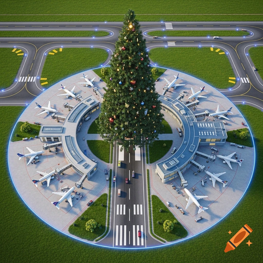 Aerial view of a miniature airport with a large Christmas tree at its center, surrounded by a circular terminal, parked airplanes, runways, and taxiways.