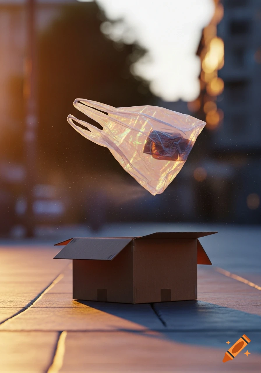 A translucent plastic bag with an object inside floats above an open cardboard box on a tiled urban street at sunset.