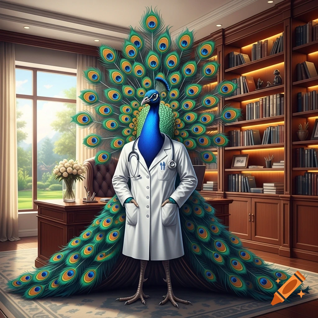 A proud peacock in a white doctor's coat and stethoscope stands in an elegant office with bookshelves and a window.