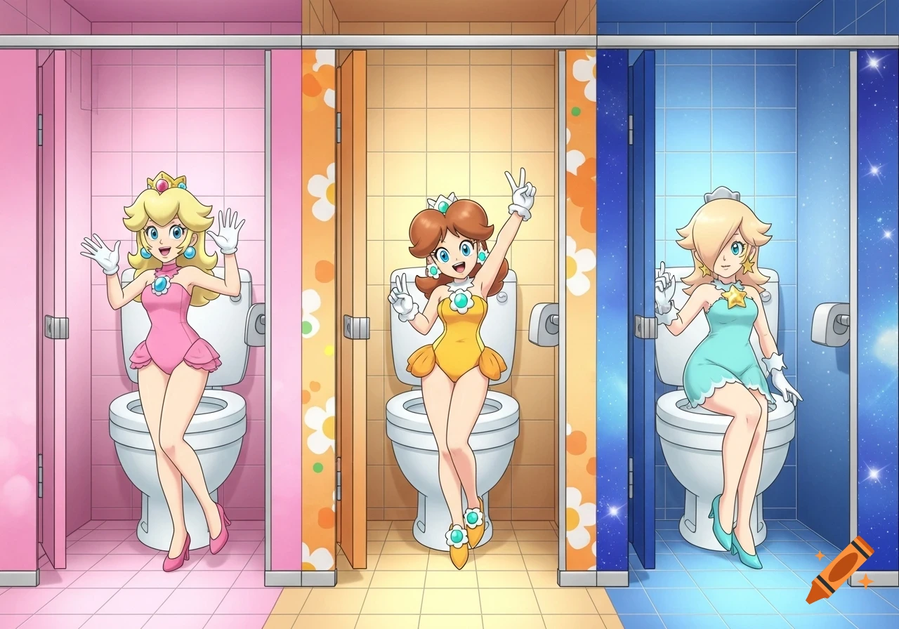 Anime illustration of Princess Peach, Daisy, and Rosalina in themed bathroom stalls. Peach waves in a pink stall, Daisy gives peace signs in a floral stall, and Rosalina poses in a cosmic blue stall.
