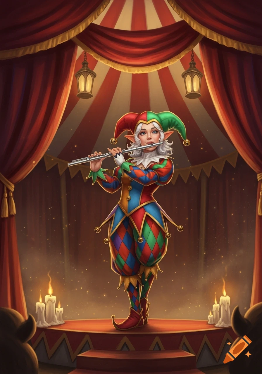 A female jester with elf ears in a colorful harlequin outfit plays a flute on a stage within a circus tent.