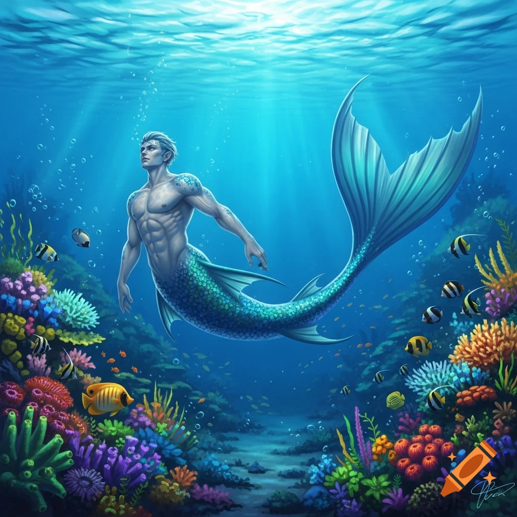 A muscular merman with a blue-green tail swims through vibrant coral reefs surrounded by fish in a sunlit ocean.
