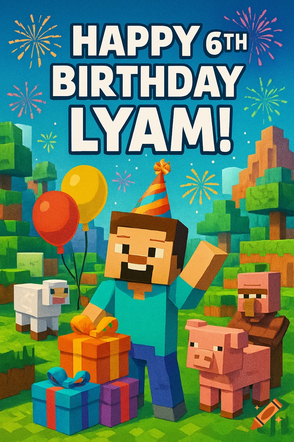 A Minecraft-themed birthday card for Lyam's 6th birthday, featuring Steve, animals, gifts, and balloons under fireworks.
