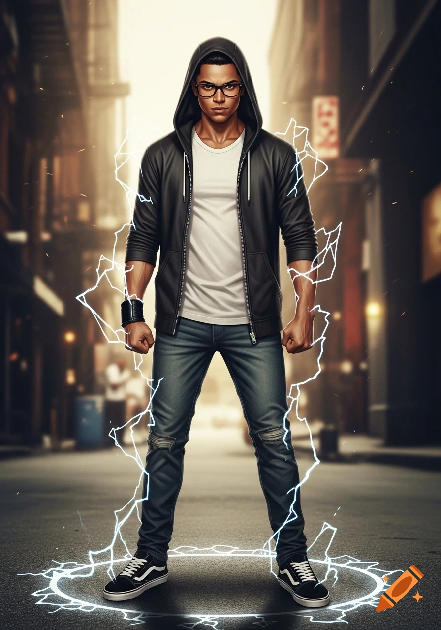 A superhero-like man with electrokinesis, wearing a black hoodie and jeans, stands on a city street with lightning around him.