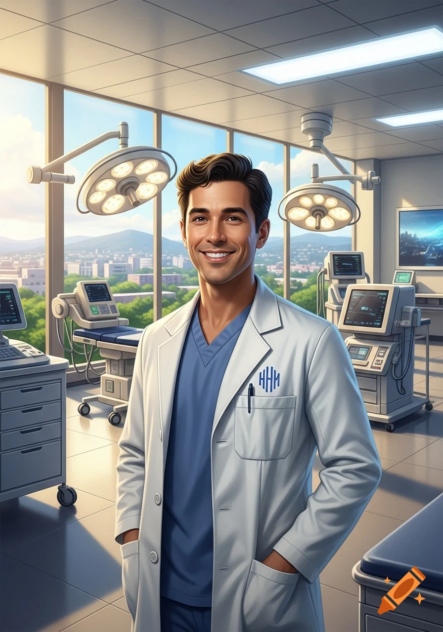 A smiling male doctor in a white lab coat stands in a bright operating room with medical equipment and a city view.