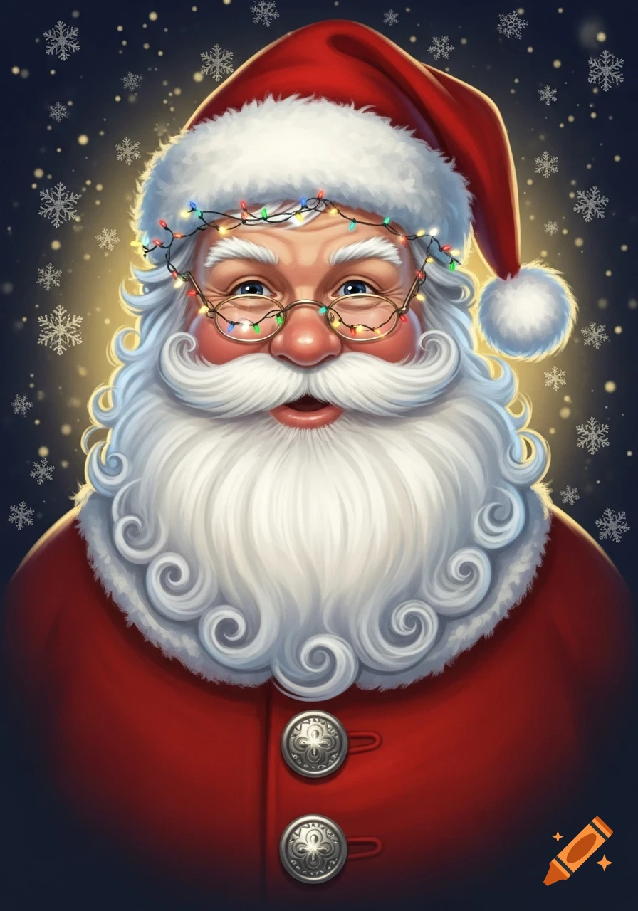 Smiling Santa Claus with wire-rimmed glasses adorned with colorful Christmas lights, a long white beard, and a red hat, against a snowy, glowing background.