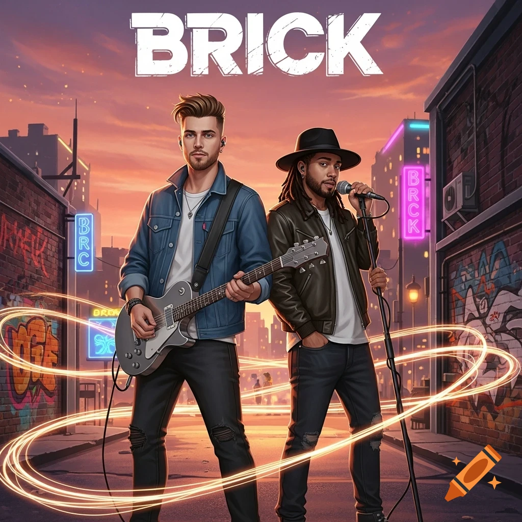Two male musicians, one with a guitar and one with a microphone, pose on a stylized city street at sunset with 'BRICK' text and light trails.