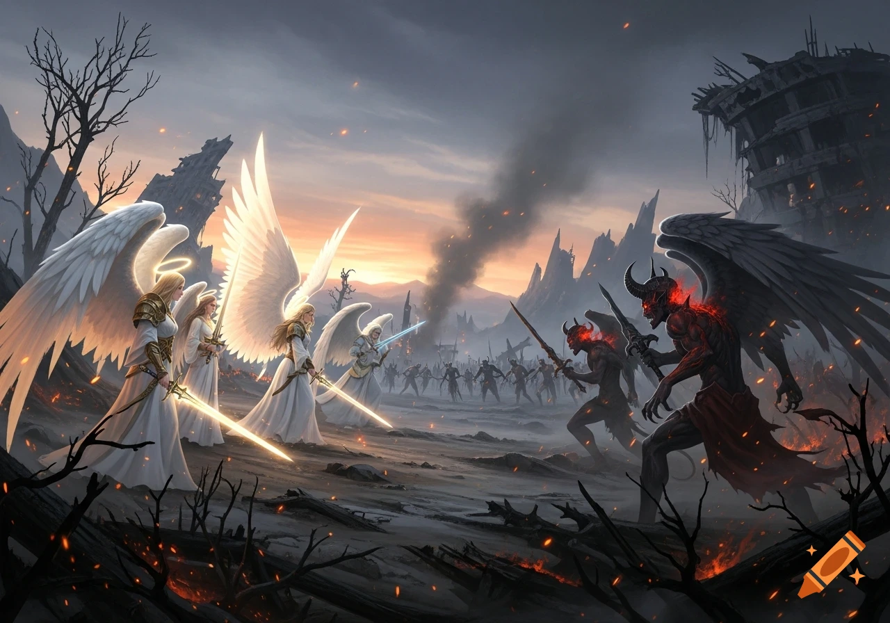 Angels and demons preparing for battle in a desolate, post-apocalyptic landscape with burning debris, detailed fantasy art.