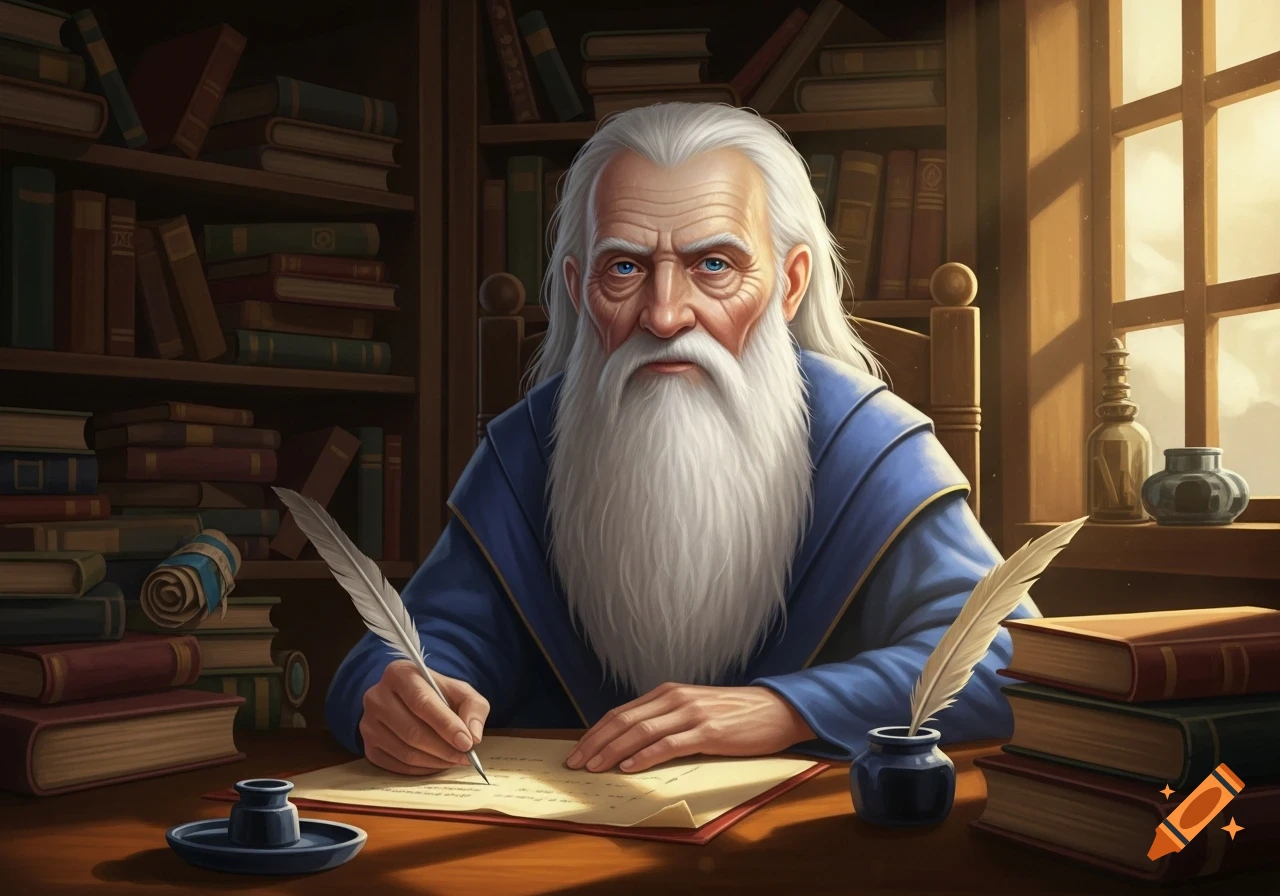 An old, long white-bearded man in a blue robe sits at a wooden desk in a library, writing with a quill and ink.