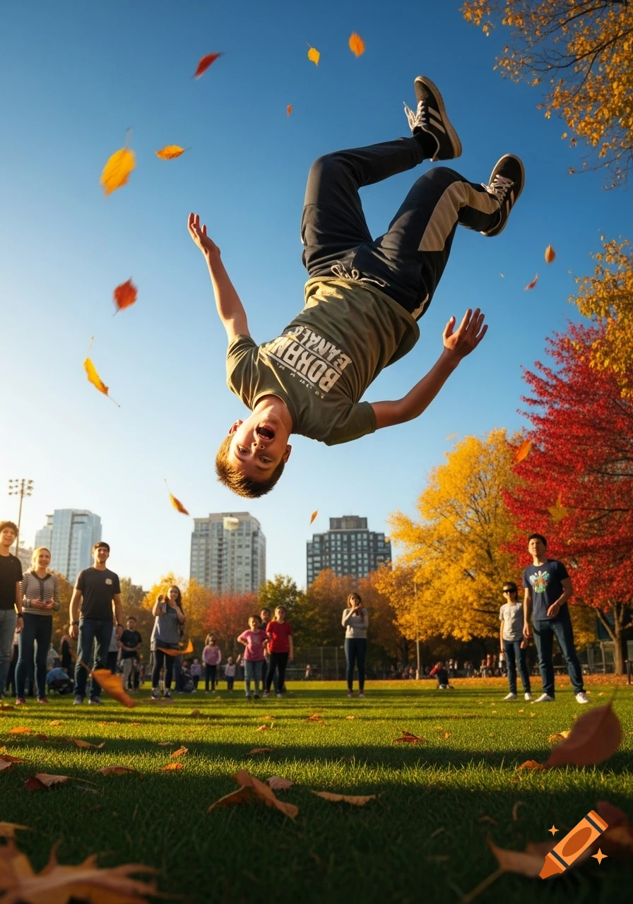 A young boy does a backflip in a sunny park as autumn leaves fall. Other people and city buildings are in the background.