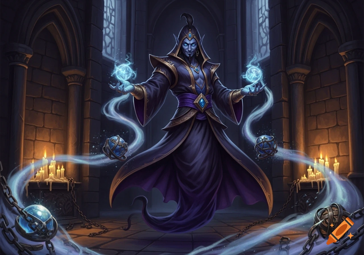 A dark fantasy illustration of a blue-skinned sorcerer with glowing eyes, wearing purple robes and casting blue magic in a gothic chamber.