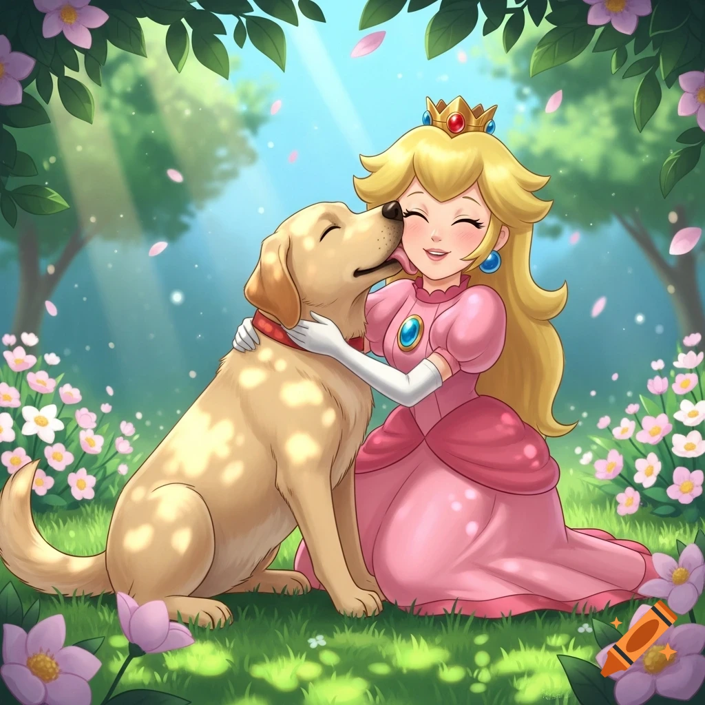 Cartoon Princess Peach in a pink dress hugs a yellow Labrador, smiling as the dog licks her face in a flower-filled forest.