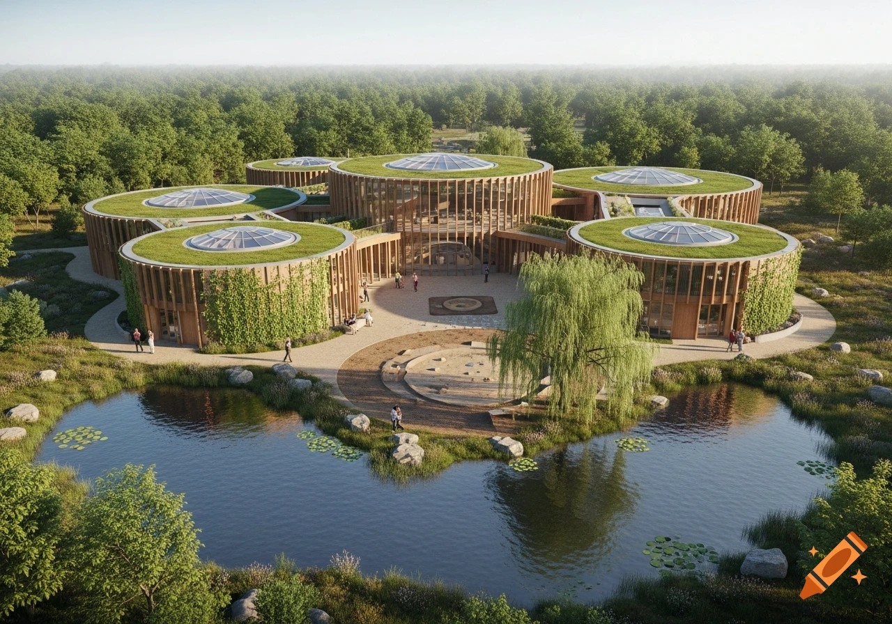 Aerial view of a circular, modern building complex with green roofs and climbing vines, surrounded by a reflective pond and lush forest.