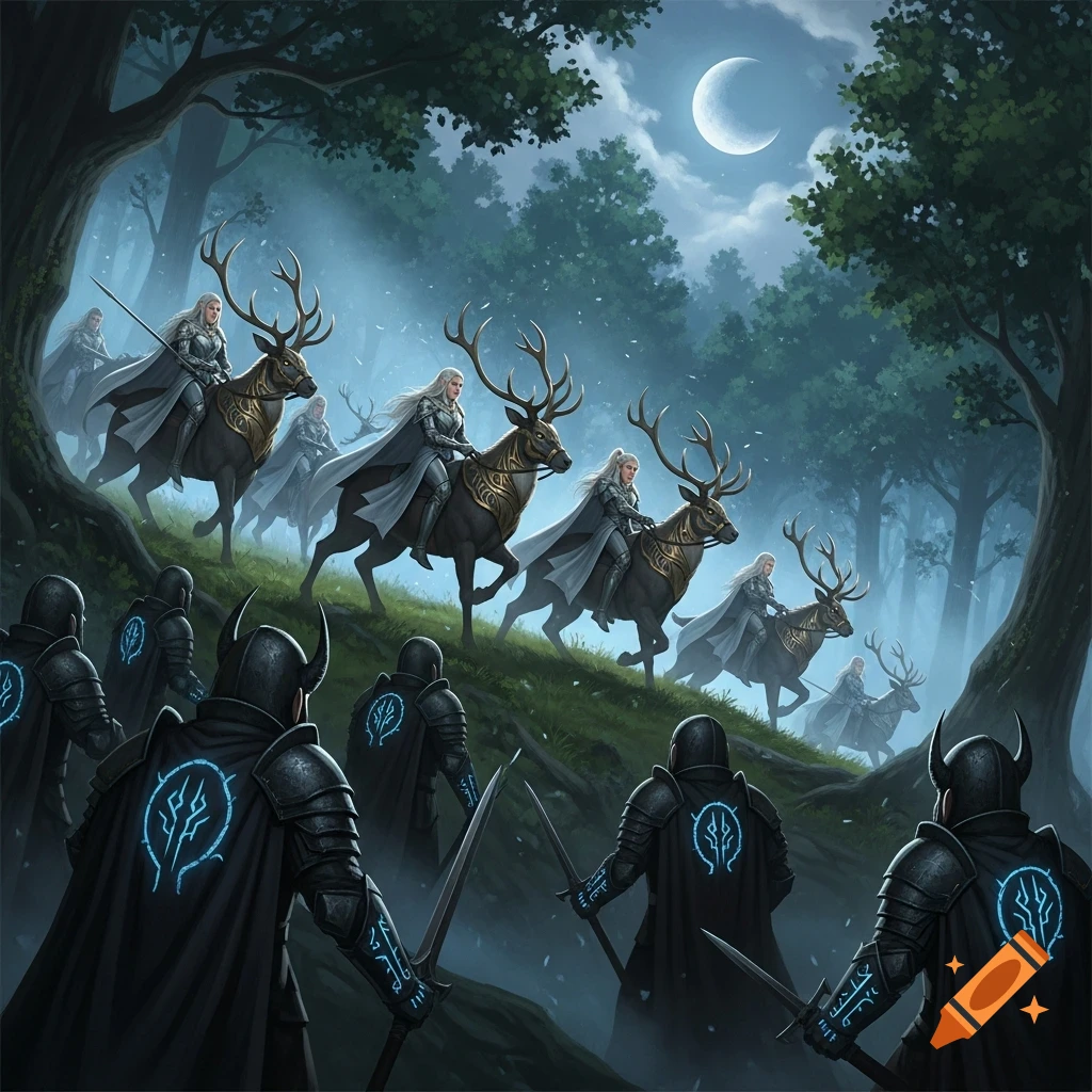 Elves on large deer charge up a misty forest hill under a crescent moon, confronting armored figures with glowing symbols.