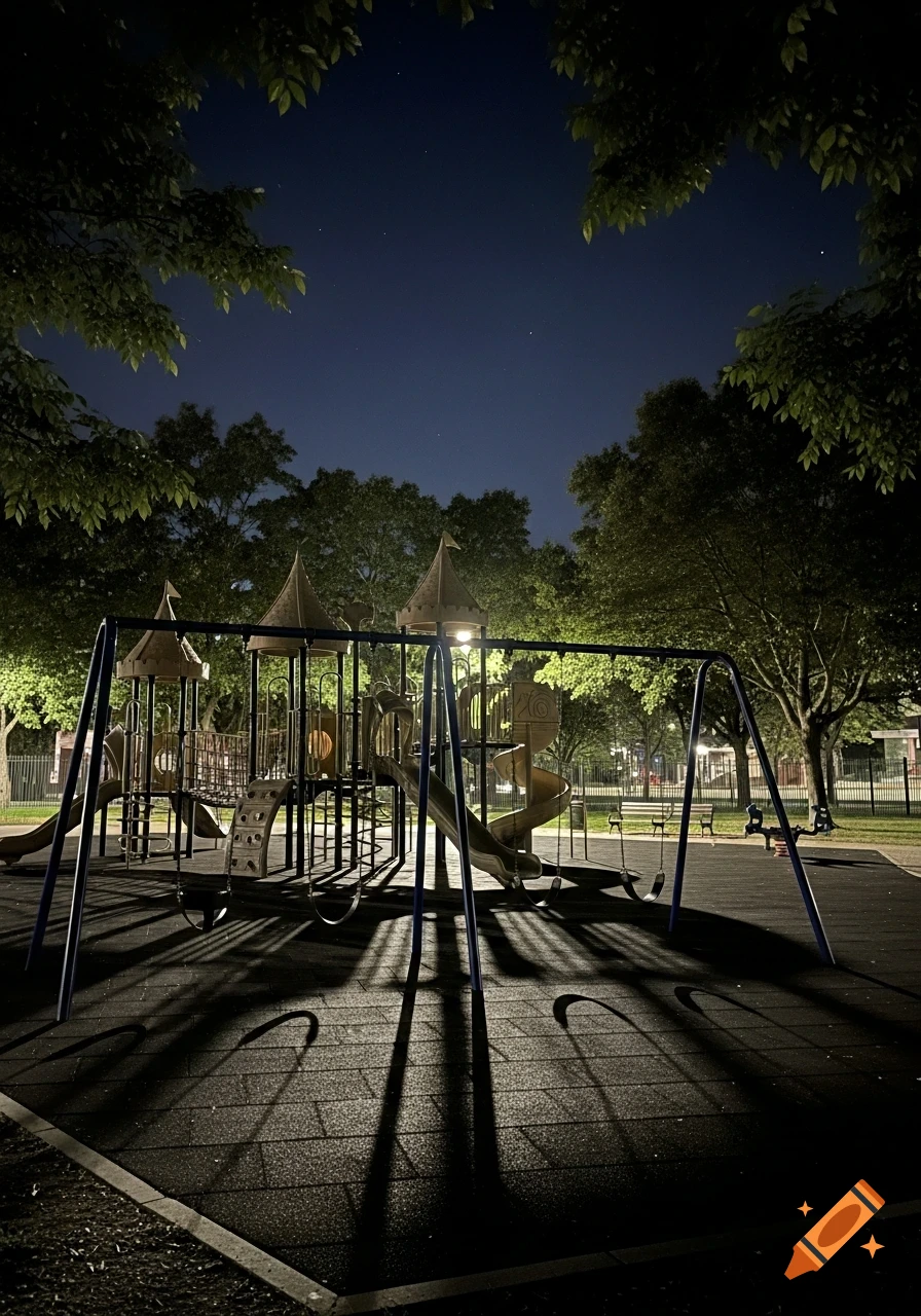 A photorealistic image of an empty playground at night, lit by overhead lights casting long shadows on the dark ground, surrounded by trees under a dark blue sky.