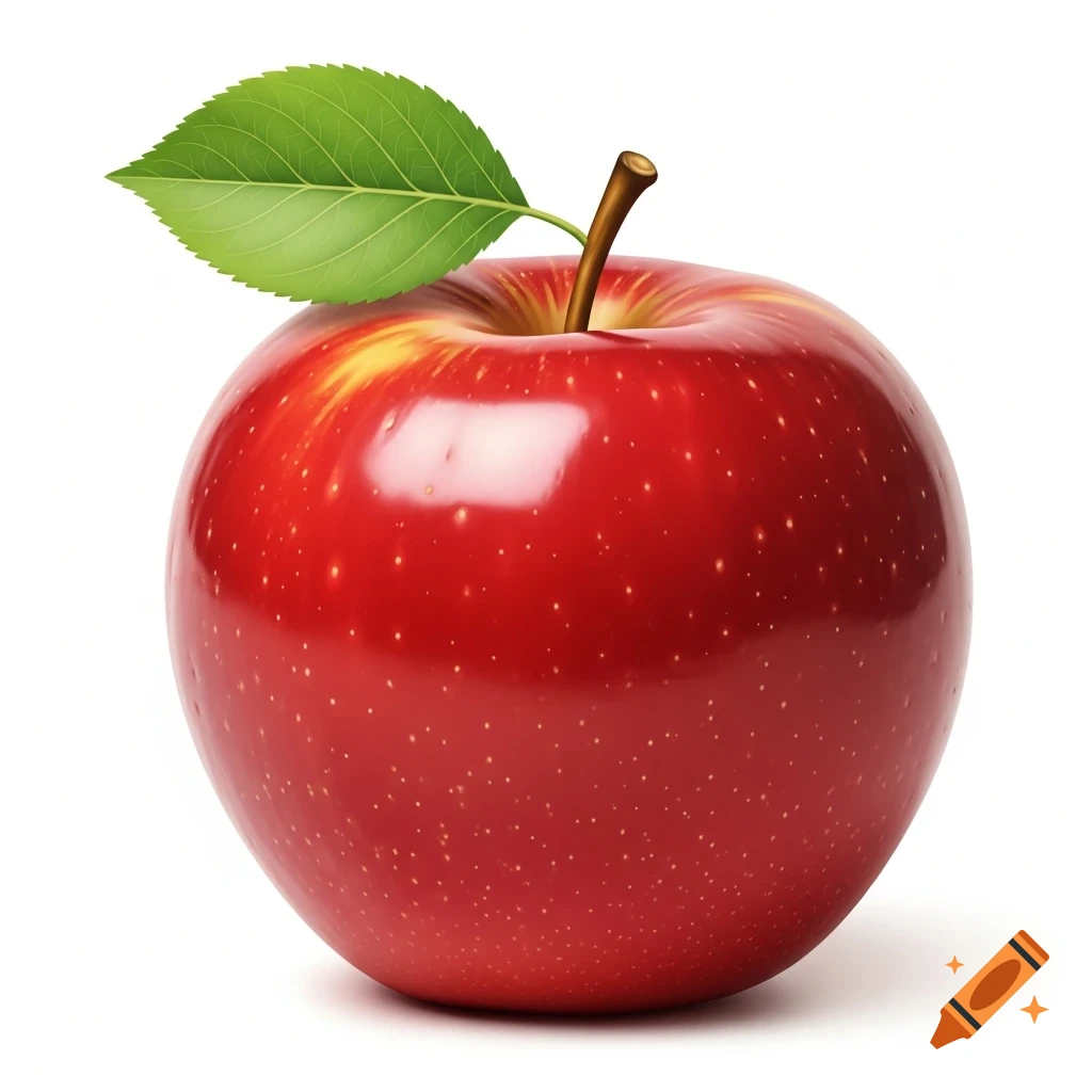 A vibrant red apple with a green leaf and stem, isolated on a white background.