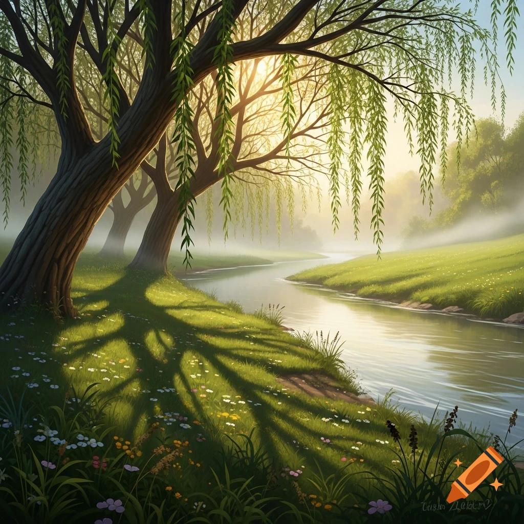 Golden sunlight streams through weeping willows beside a winding river in a lush, misty green landscape with wildflowers.