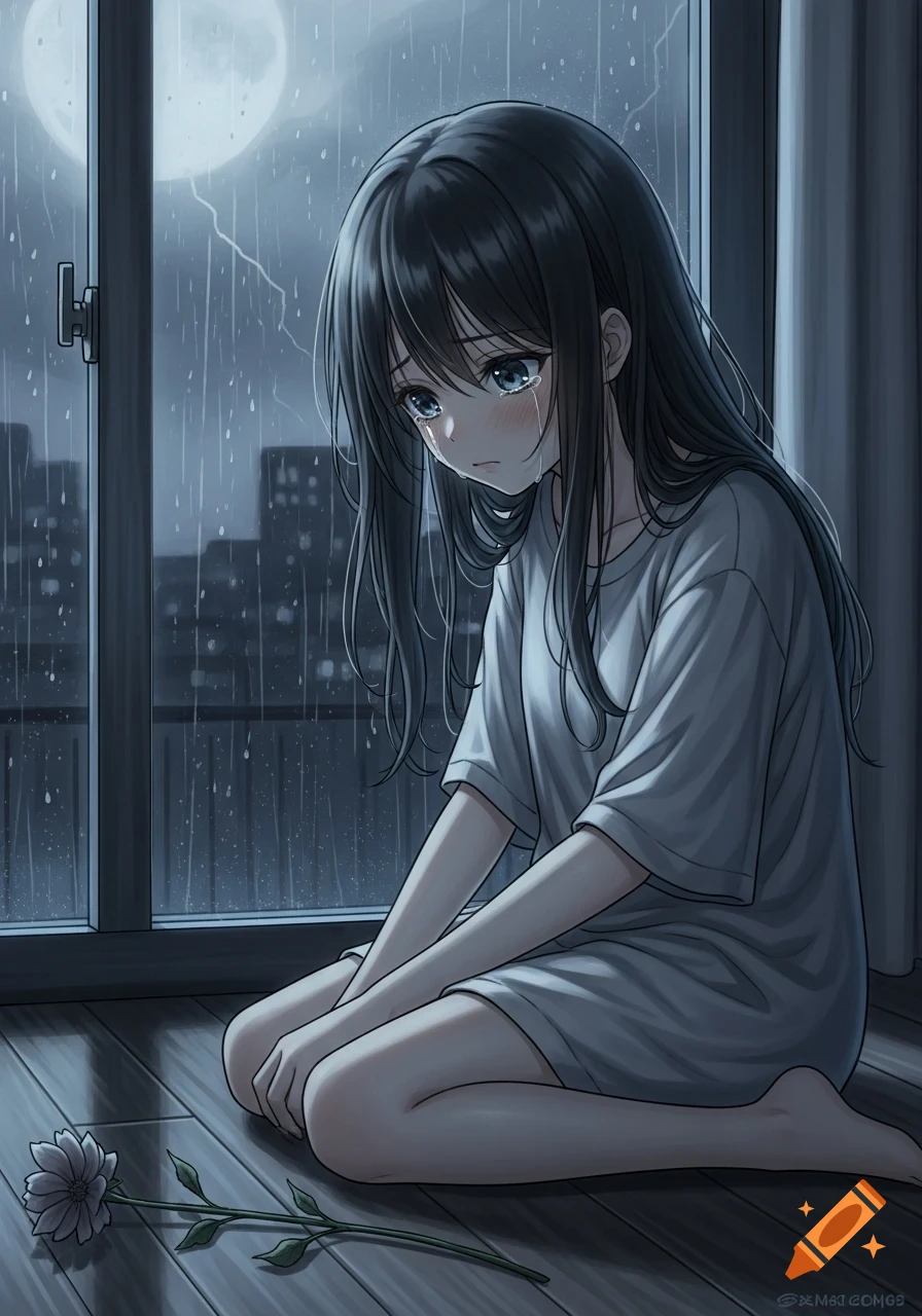 A melancholic anime girl with long dark hair cries while sitting by a window on a rainy night, a wilting flower beside her.