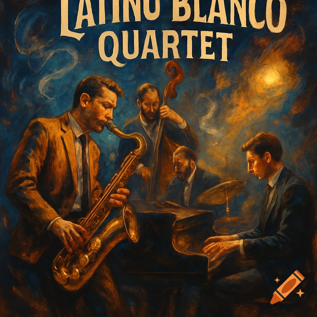 A painting of a jazz quartet with a saxophonist, pianist, bassist, and drummer under the title 'LATINO BLANCO QUARTET'.