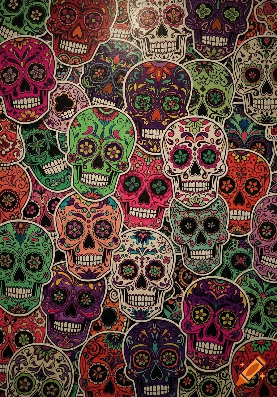 A vibrant, close-up pattern of colorful Day of the Dead sugar skull stickers, each intricately decorated.