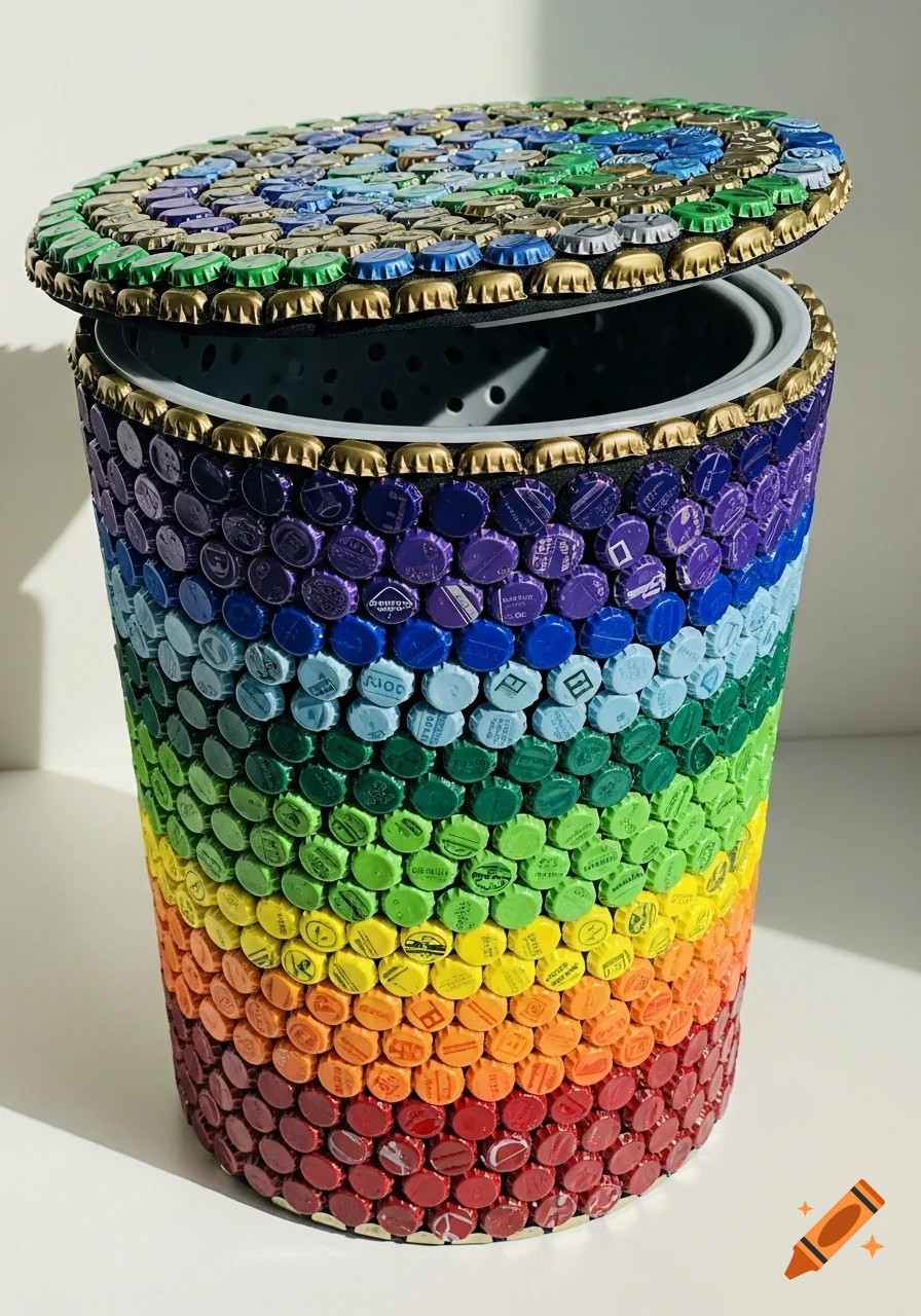 A colorful food waste bin made from recycled bottle caps arranged in rainbow stripes, with a matching lid.