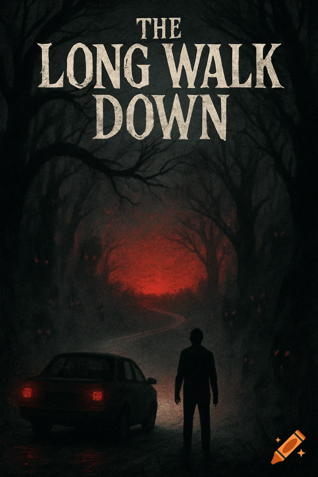 A horror game poster for 'The Long Walk Down' showing a man and a car on a dark road in a forest with glowing red eyes and a red glow in the distance.