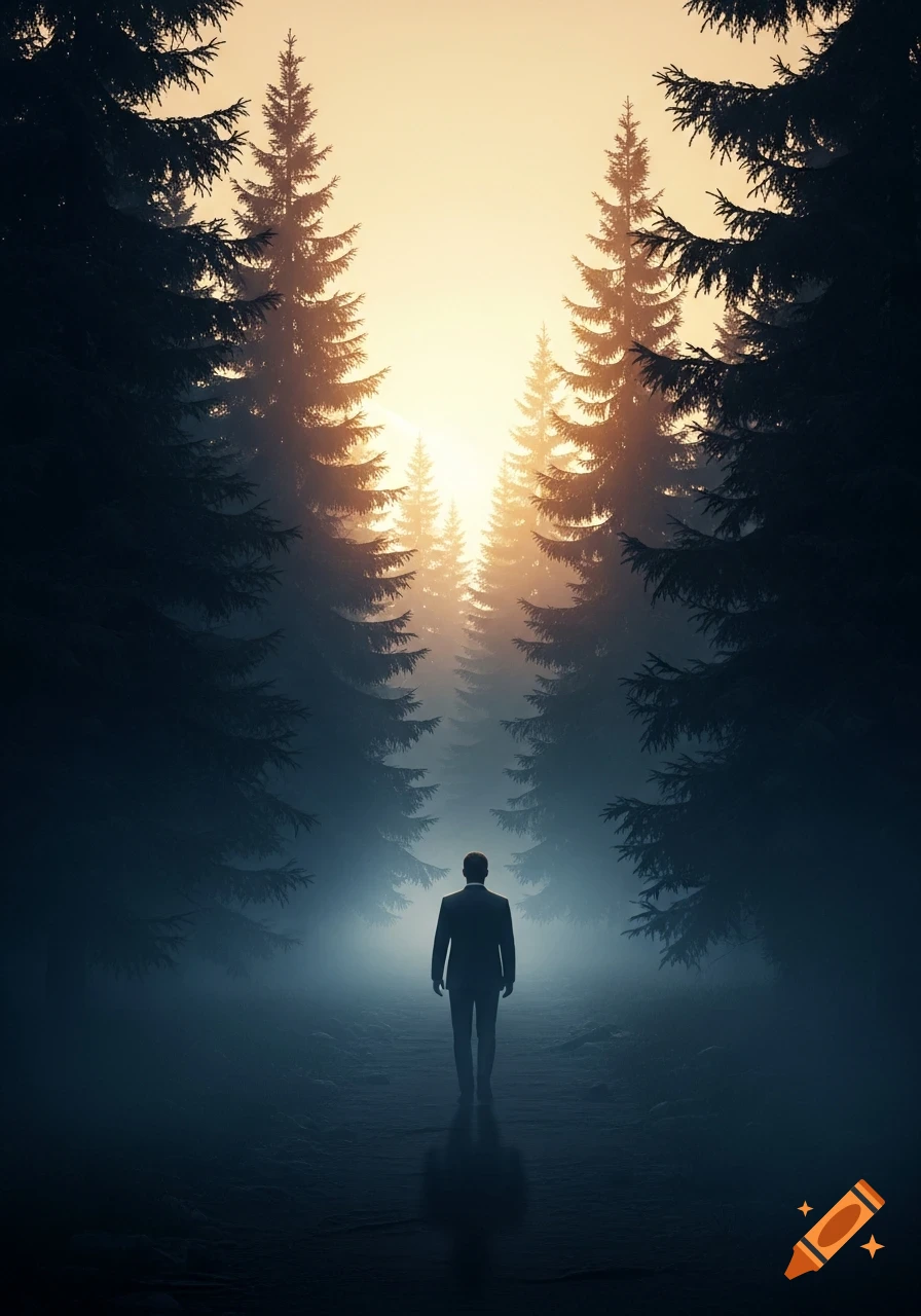 A man in a suit walks along a misty forest path towards a bright, golden light, silhouetted by tall evergreen trees.
