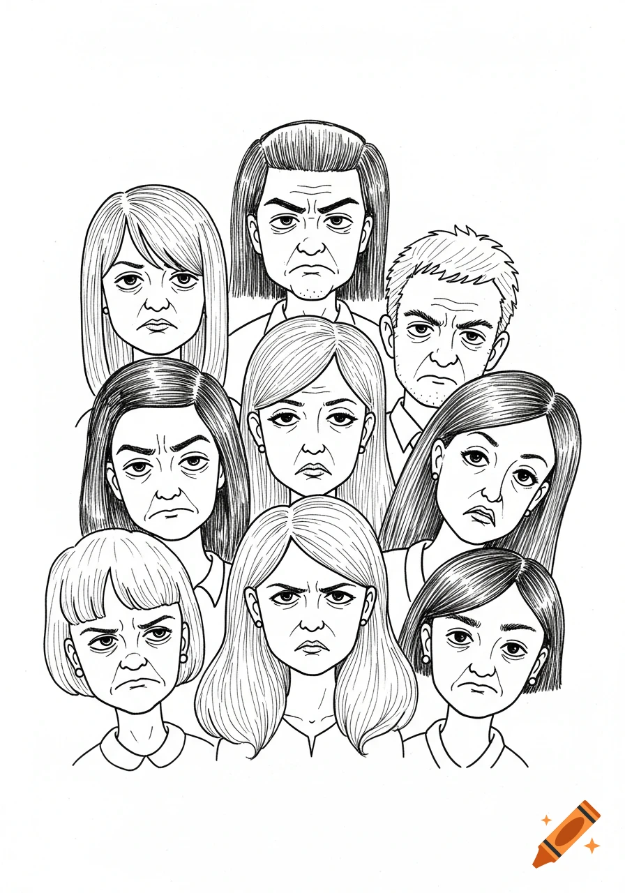 Hand-drawn black and white illustration of a crowd of people with dissatisfied and irritated expressions.