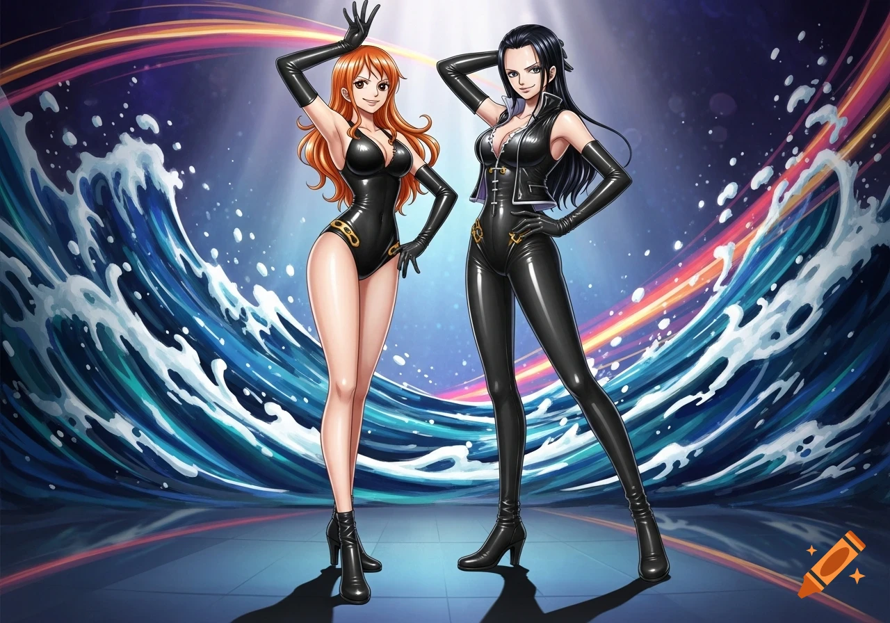 Nami and Nico Robin from One Piece pose in black latex outfits against a dynamic blue and purple background with waves.