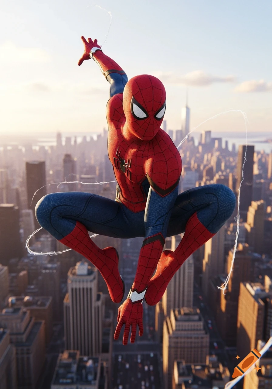 Spider-Man in his red and blue suit, mid-air and crouching over a sprawling city at sunset, web trails visible.