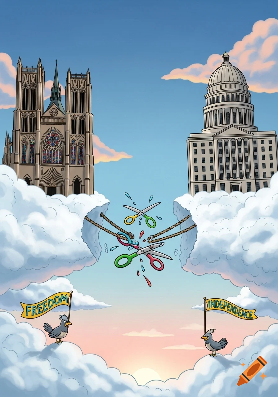 Cartoon illustration of church and capitol on clouds with ropes cut by scissors. Birds hold 'FREEDOM' and 'INDEPENDENCE' banners.