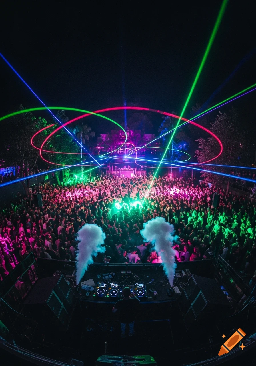 A birds-eye view of a vibrant outdoor rave at night with a large crowd, a DJ, and colorful laser lights.