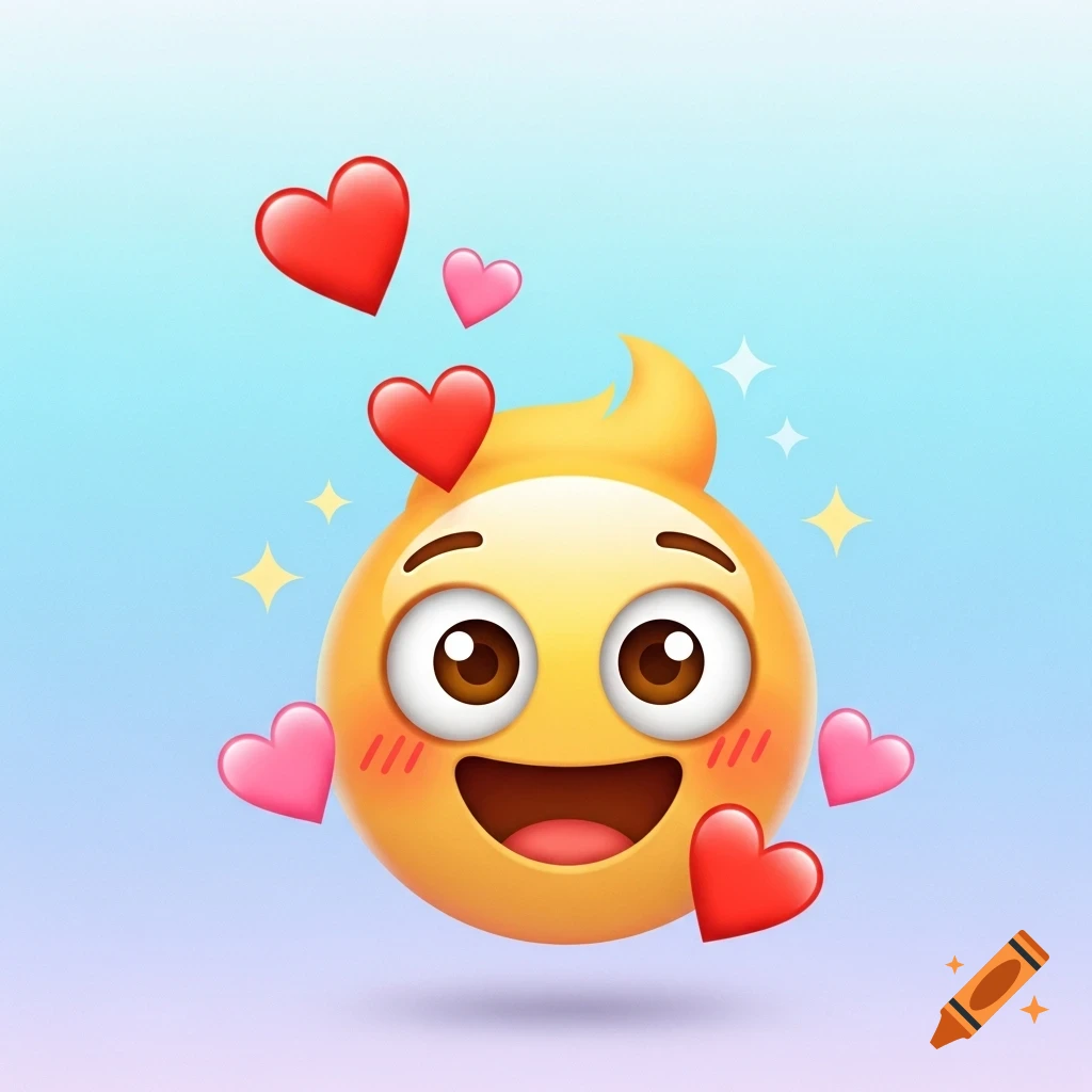 A happy, blushing yellow emoji with wide eyes and an open mouth, surrounded by red and pink hearts against a gradient background.