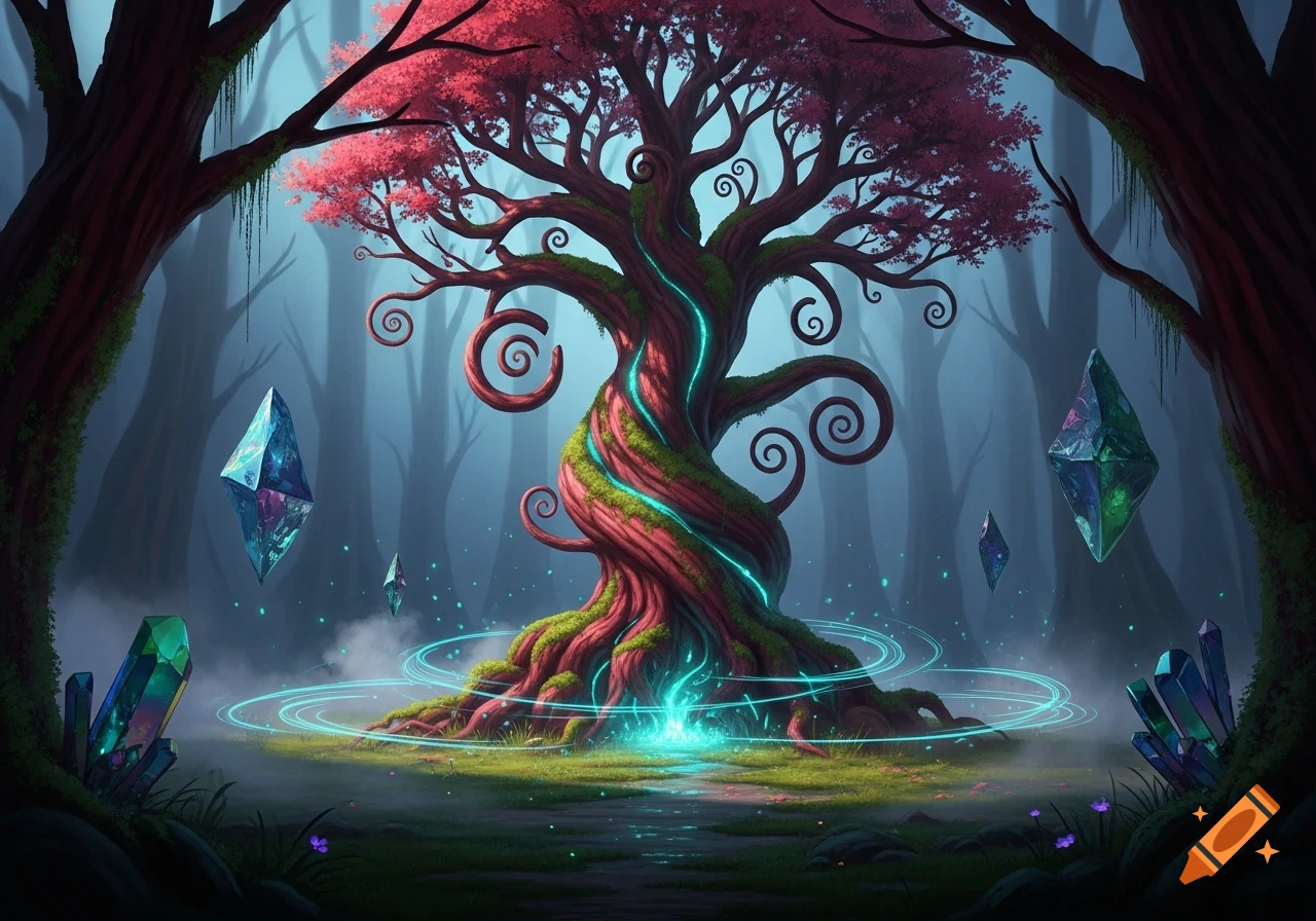 A vibrant fantasy forest scene featuring a twisted, glowing tree with ...