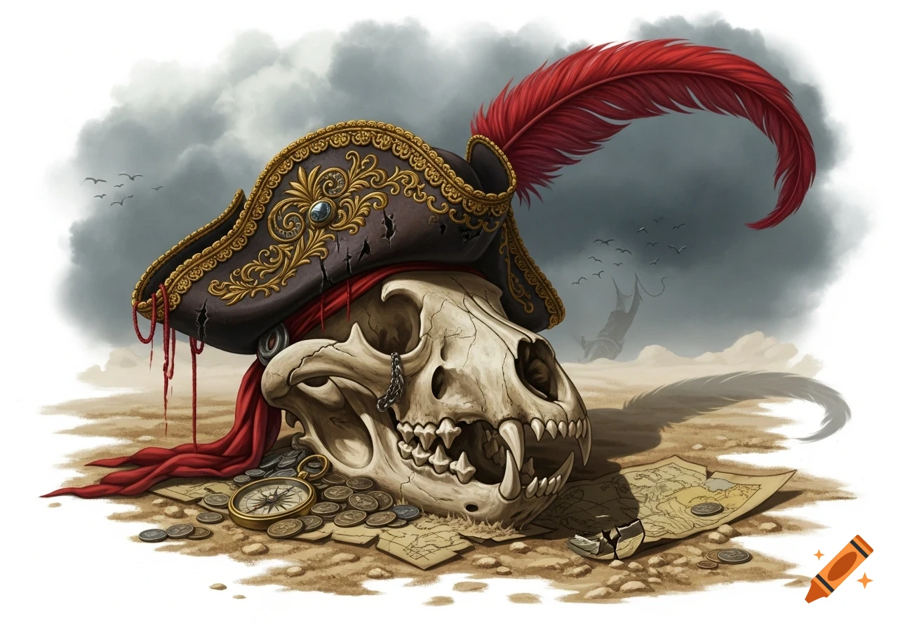 Illustrated bear skull wearing a pirate hat with a red feather, next to a compass, gold coins, and a treasure map, under a cloudy sky.