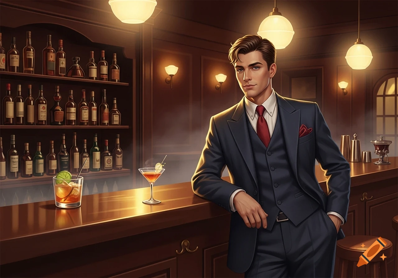 A dapper man in a dark suit leans on a polished bar counter with cocktails and liquor bottles in an elegant, illustrated style.