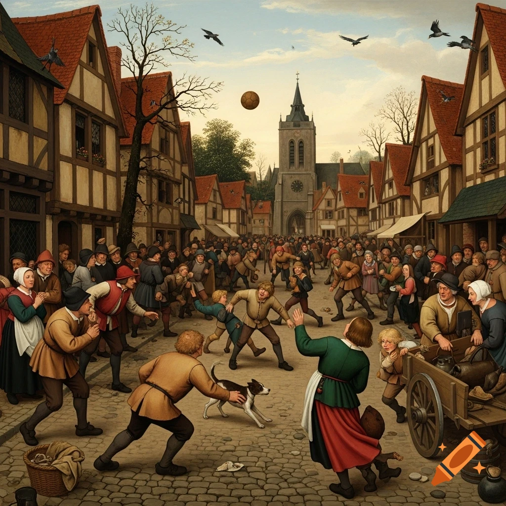 A bustling crowd plays a ball game in a medieval town square with timber-framed houses and a church, in the style of Bruegel.