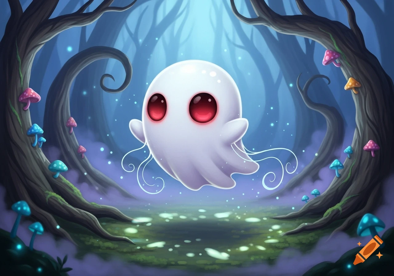 A cute, cartoonish white ghost with big red eyes floats in a mystical, dark blue forest filled with glowing, colorful mushrooms.