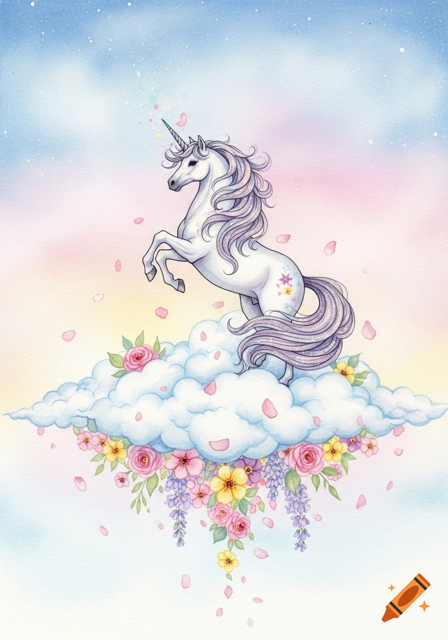 White unicorn rearing on a cloud, surrounded by colorful flowers and falling petals, in a pastel watercolor style.