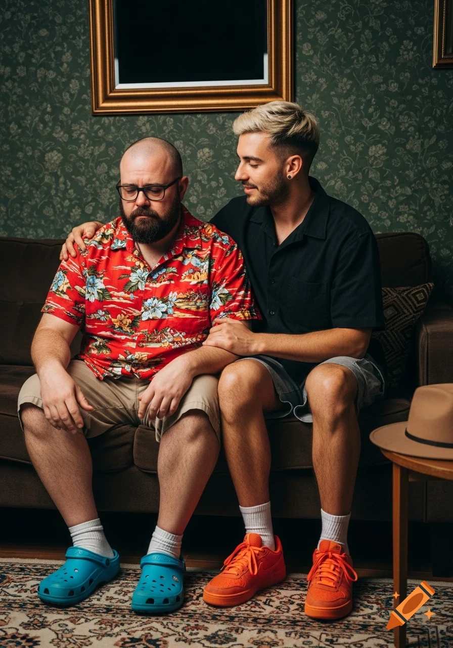 A man in a red Hawaiian shirt looking upset, being consoled by another man with blond highlights on a couch.