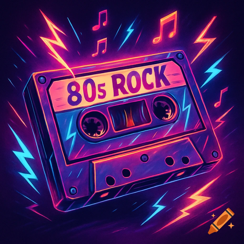 Neon-lit cassette tape labeled '80s ROCK' surrounded by lightning bolts and musical notes in a vibrant digital illustration.