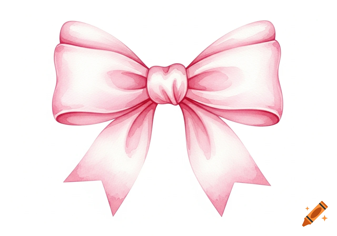 Watercolor illustration of a soft pink ribbon bow with gentle folds on a clear background.