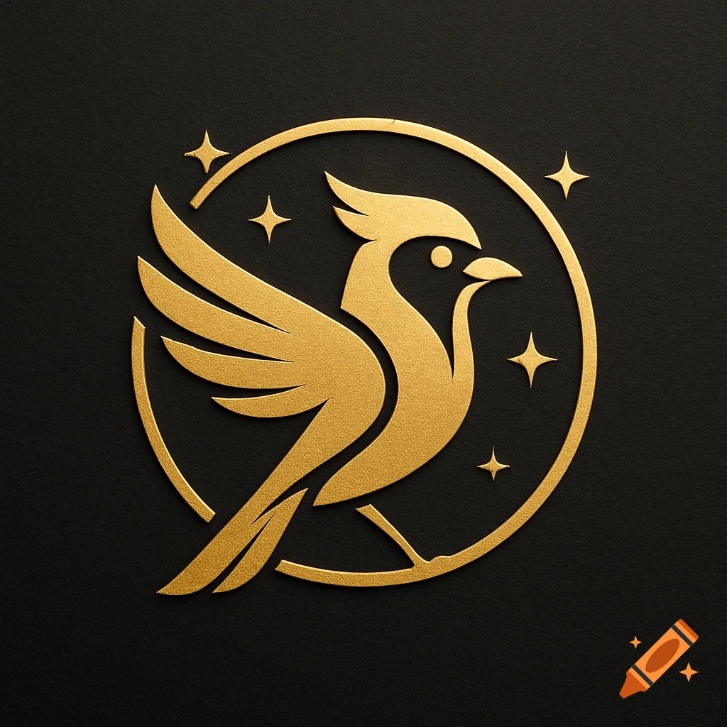 Minimalist golden logo of a bird with crest, wings spread, inside a circle with stars, on a dark embossed background.