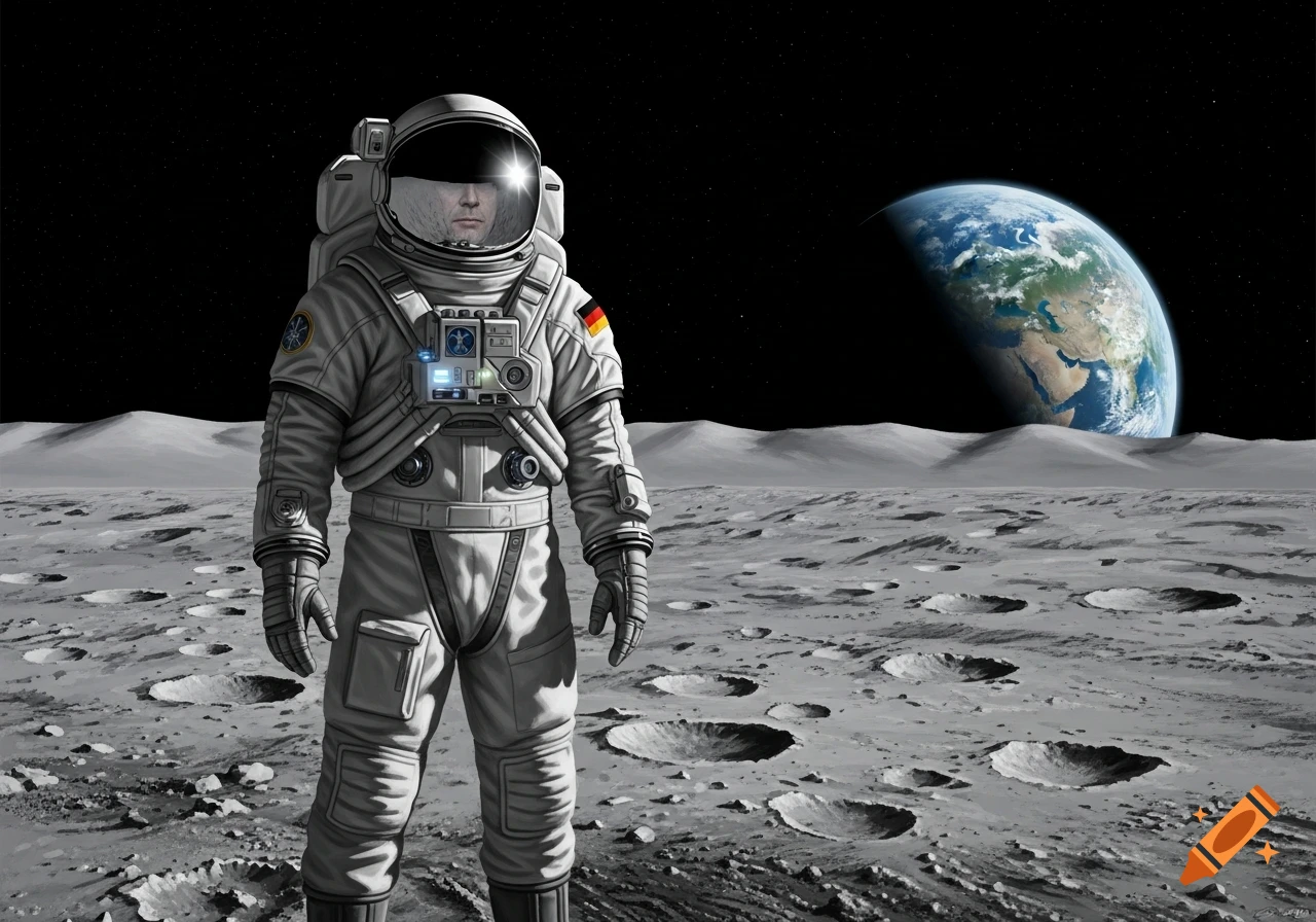 An astronaut wearing a white suit with a German flag patch stands on the cratered surface of the moon, with Earth visible in the black sky.