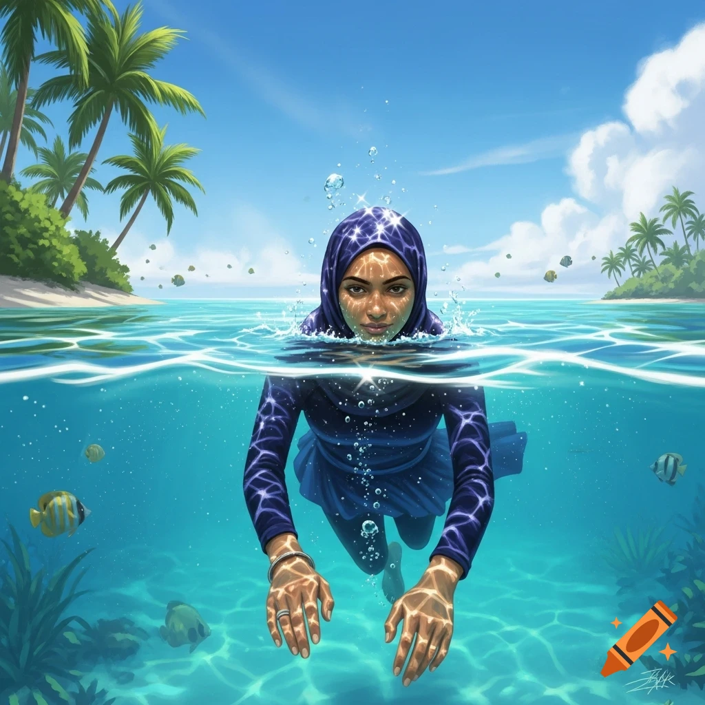 A woman in a burkini swims underwater in a clear tropical ocean near an island with palm trees, digital art.