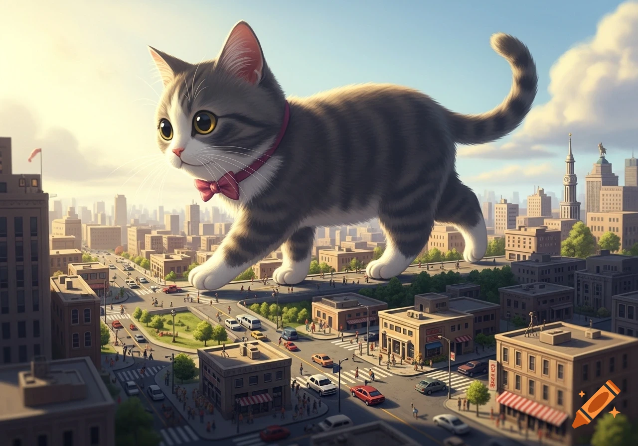 A giant cute tabby cat wearing a pink bow tie walks over a bustling city under a bright sky, with tiny cars and buildings below.