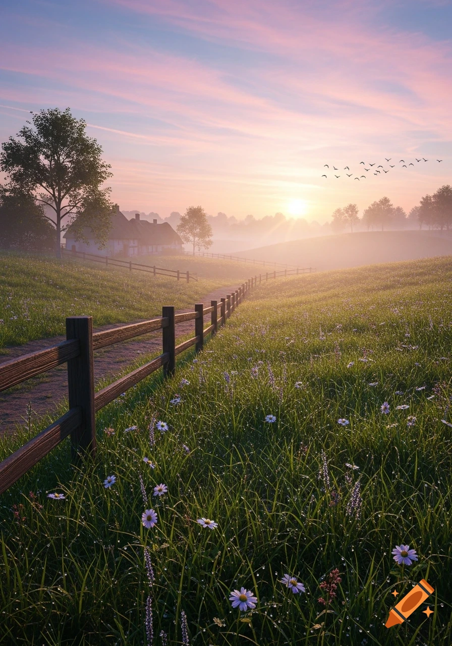 A path with a wooden fence through misty green hills and wildflowers at sunrise, a distant house, birds in the pastel sky.