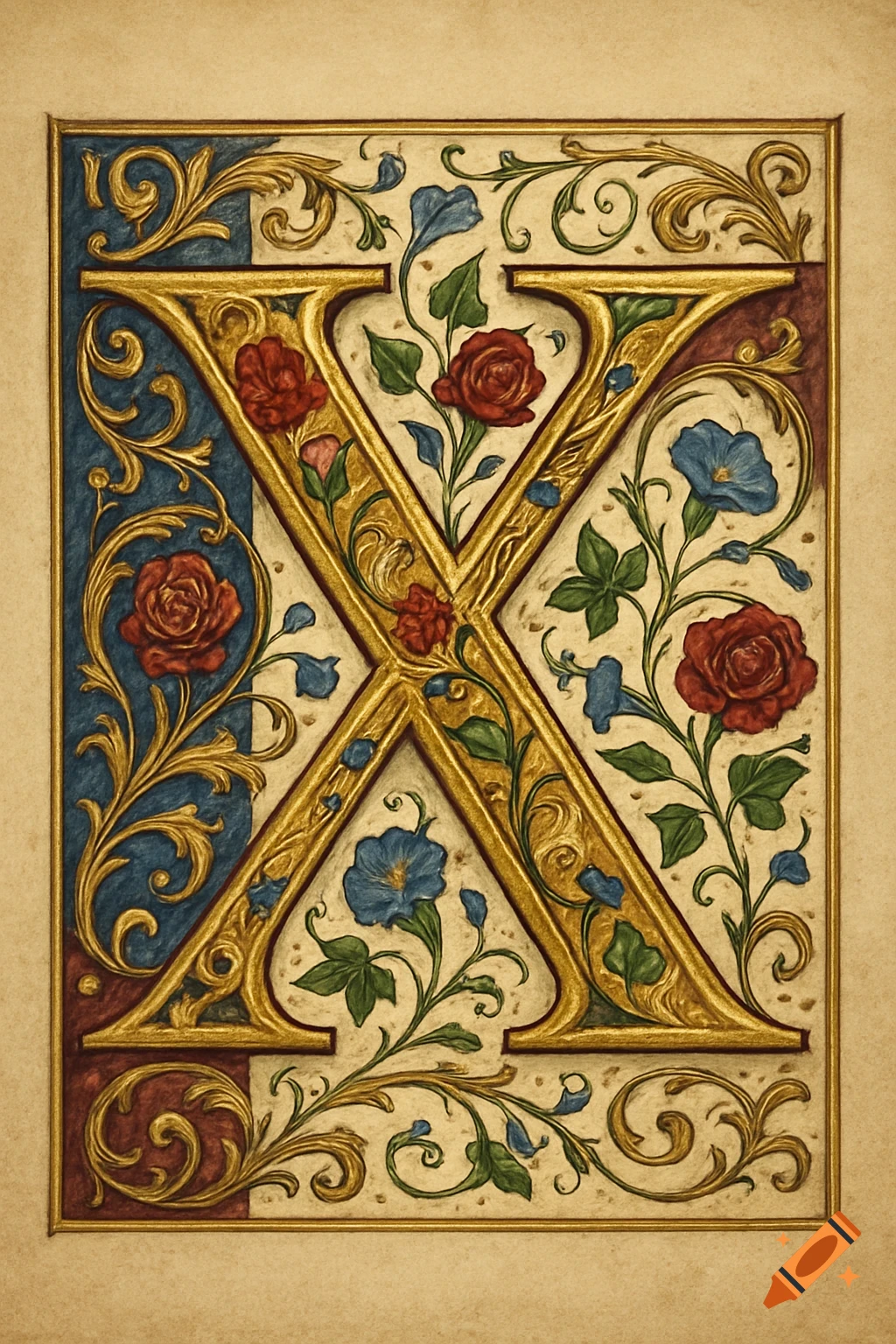 Ornate illuminated letter X, featuring gold scrollwork, red roses, and blue flowers on a parchment-like background.