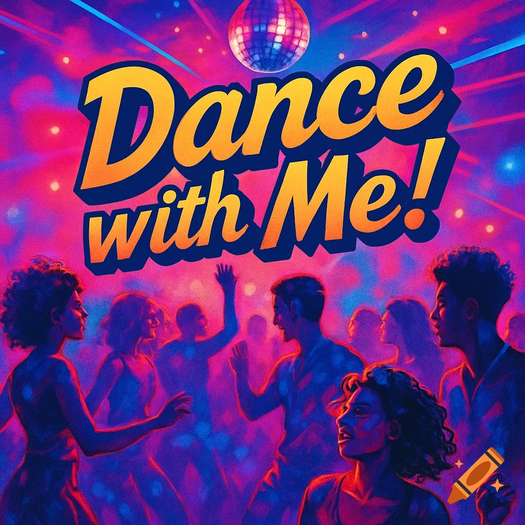 Vibrant neon-lit dance club scene with people dancing under a disco ball, featuring the bold text 'Dance with Me!'.