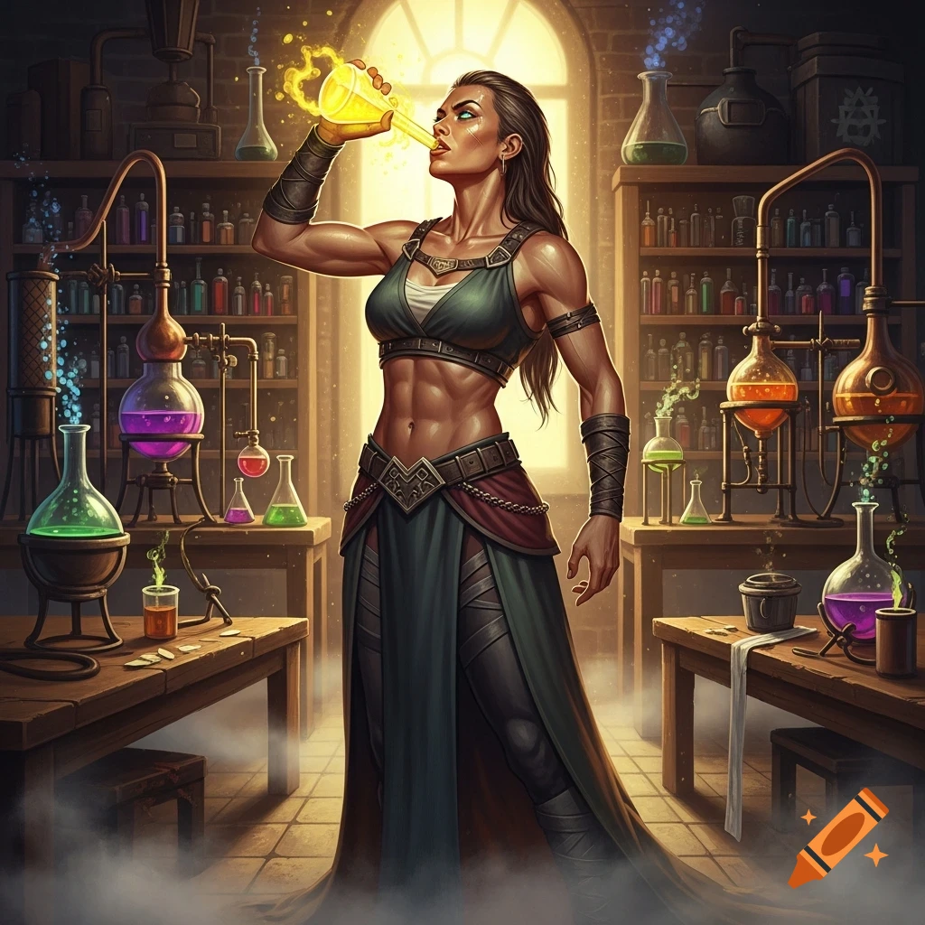 A muscular woman in fantasy attire drinks a glowing yellow potion in a detailed alchemist's laboratory.